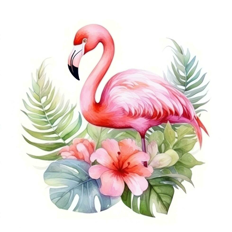 Cute watercolor flamingo with tropical flowers isolated photo