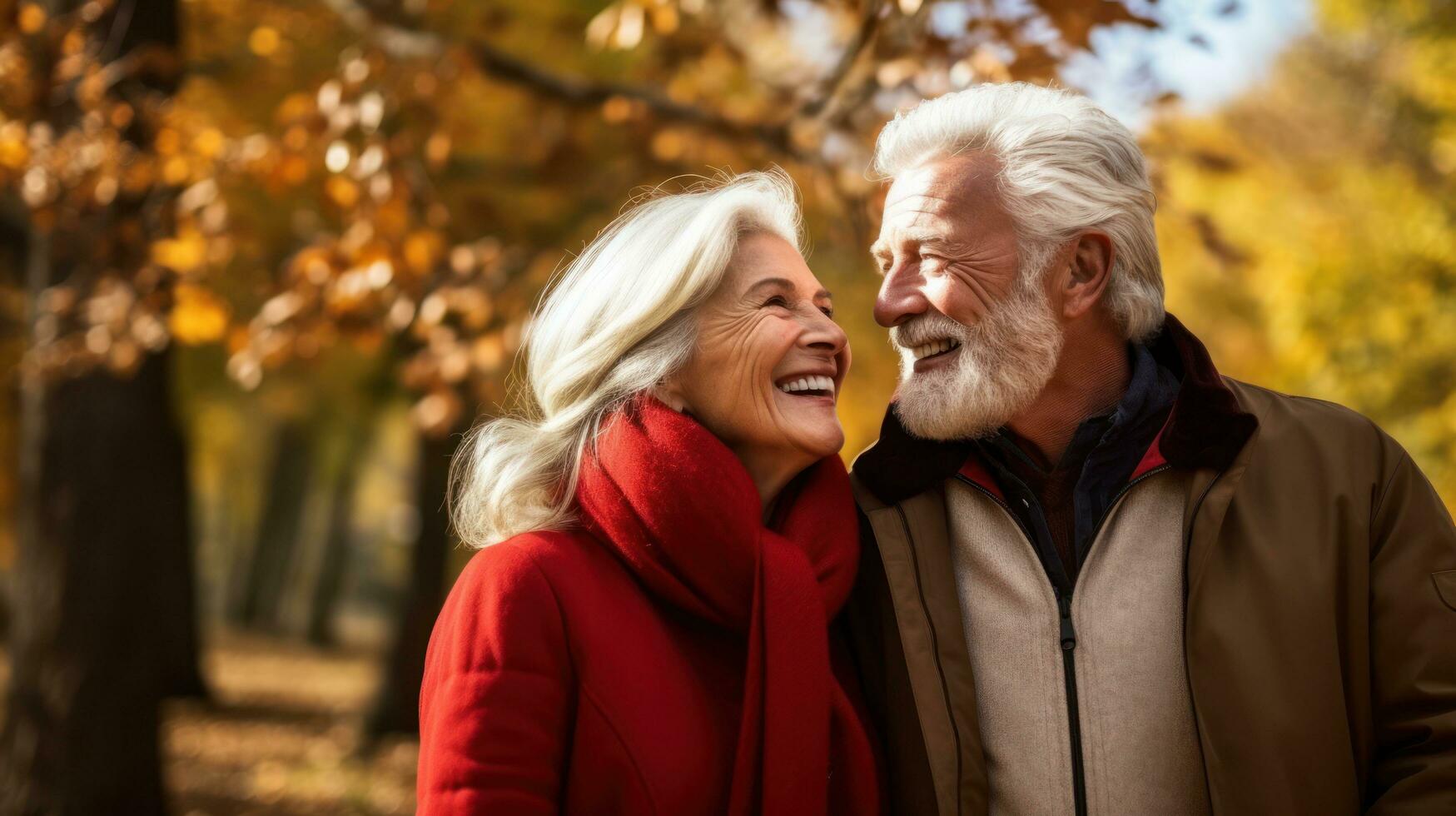 Happy senior couple in autumn park photo