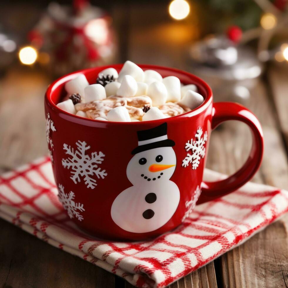un increíble foto de gastrónomo caliente cacao en un hermosa Navidad jarra