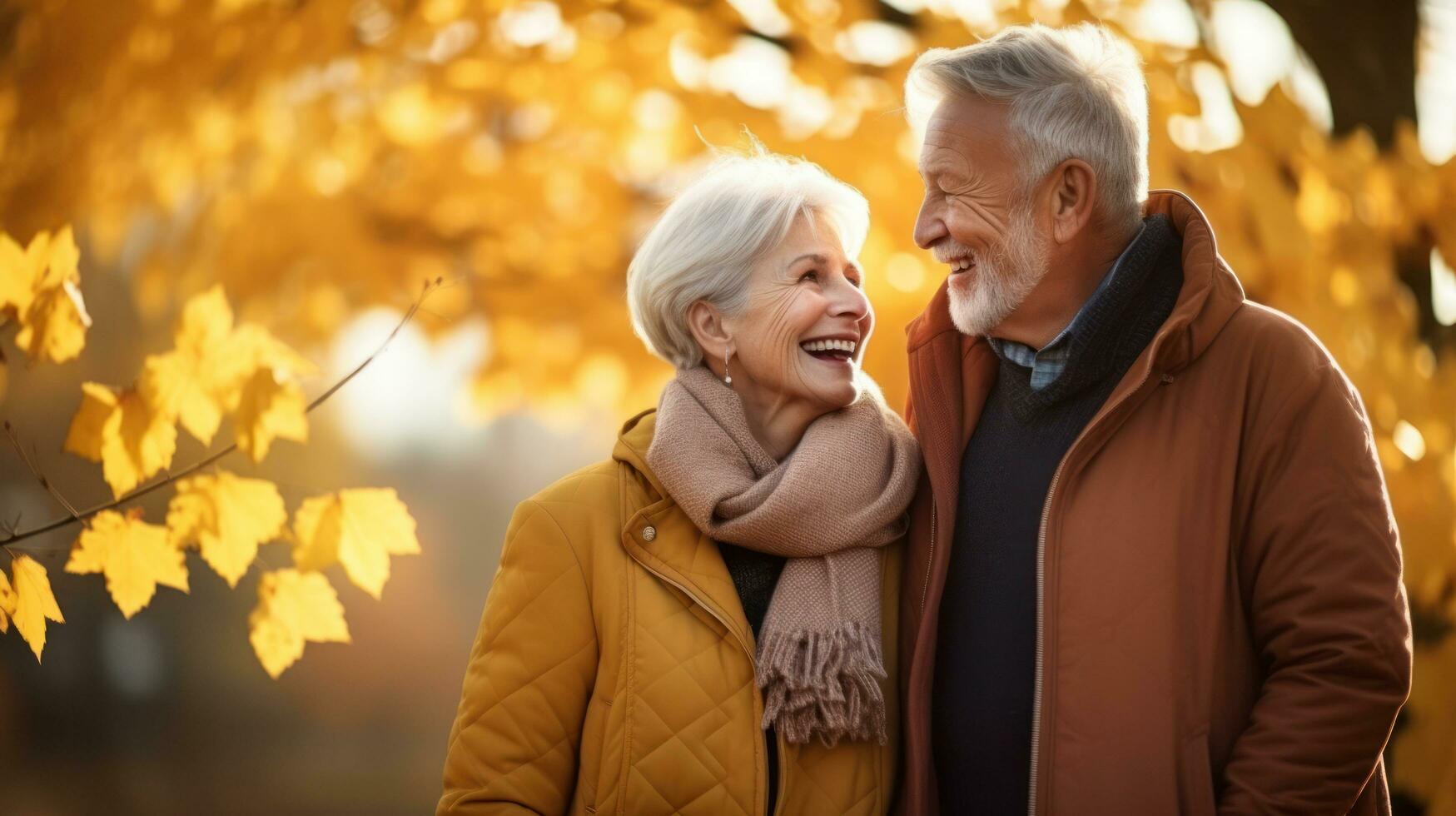 Happy senior couple in autumn park photo