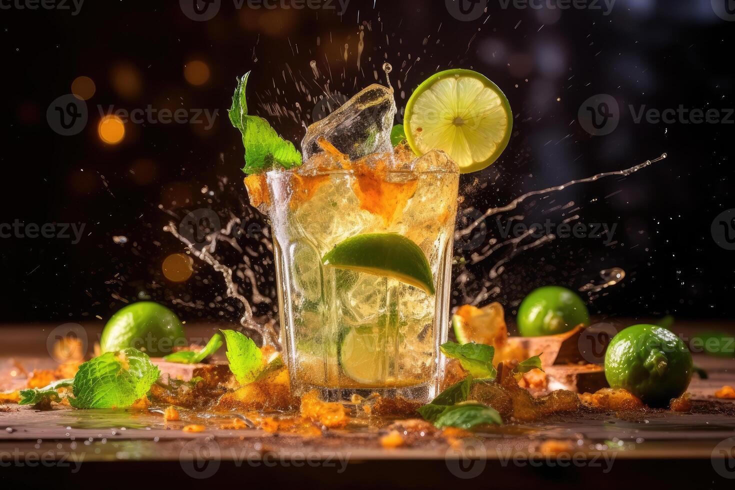Mojito cocktail with ice on a black background. technology. photo