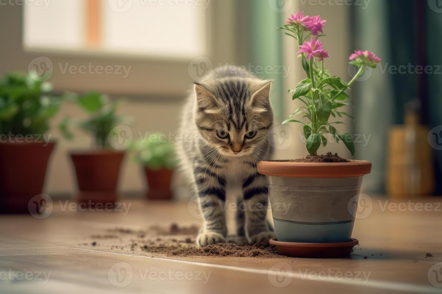 The cat overturned a pot with a flower on the floor. technology. photo