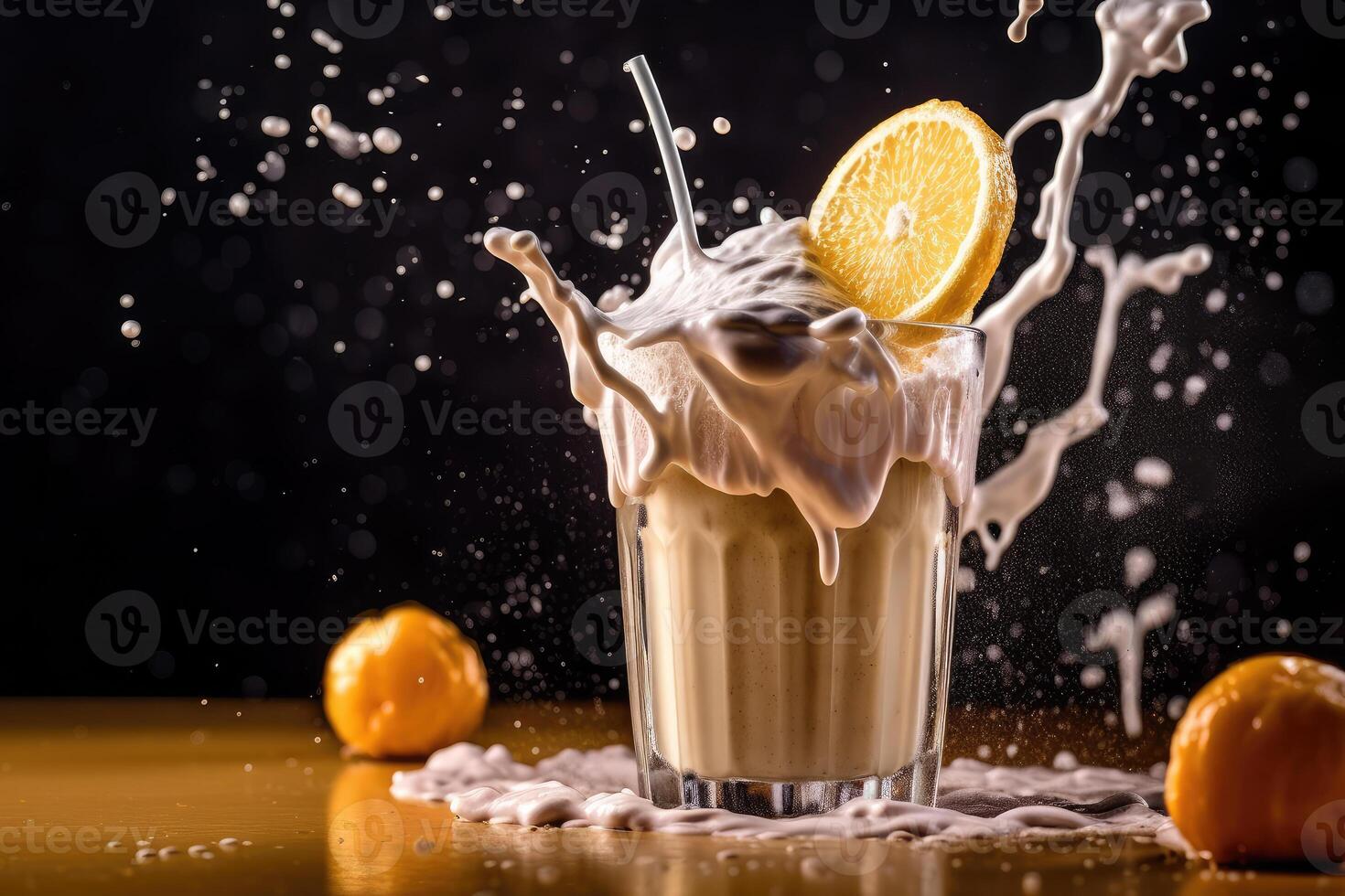 Milkshake with orange on a dark background. technology. photo