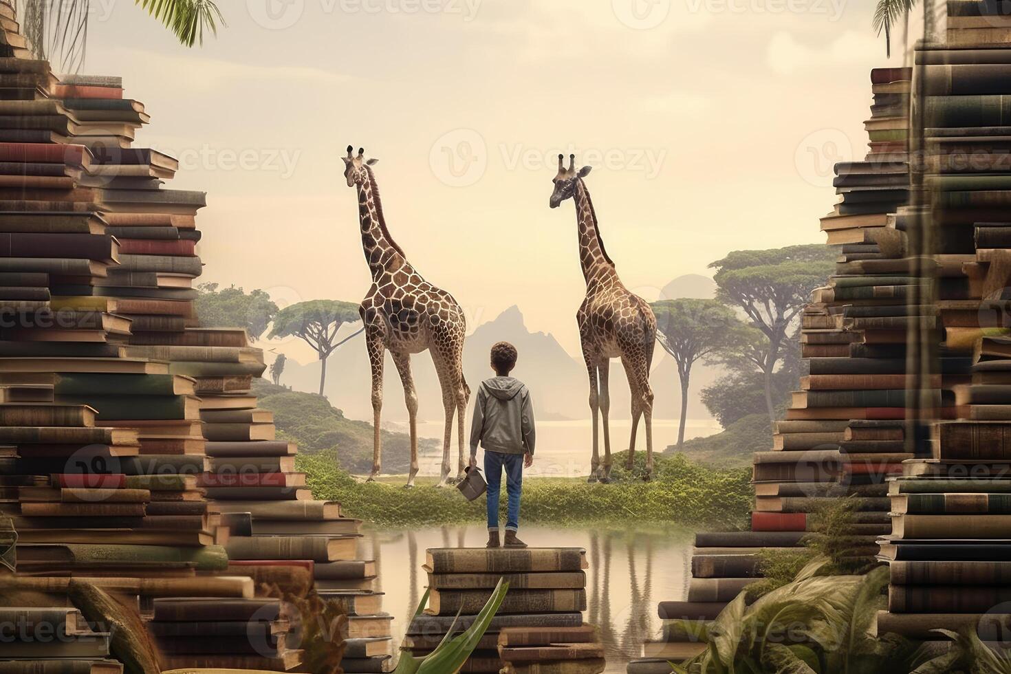 The boy reads a book and fantasizes about traveling. technology. photo