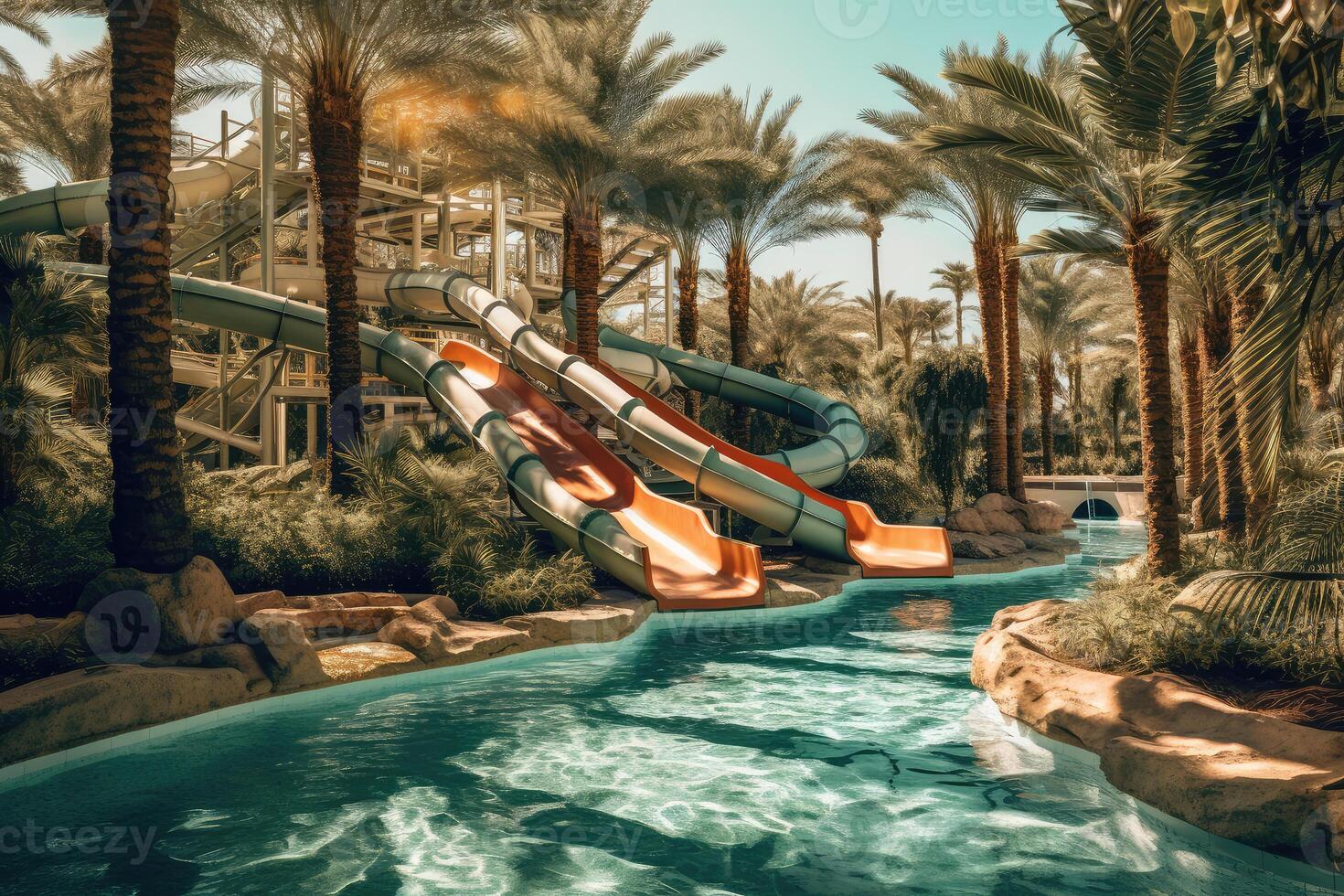 Water slides in the water park. Generative AI technology. photo