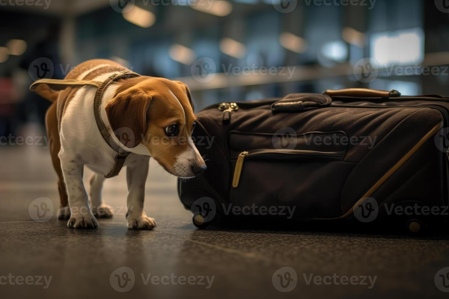 A pet near the luggage. The dog is going on a trip. technology. photo