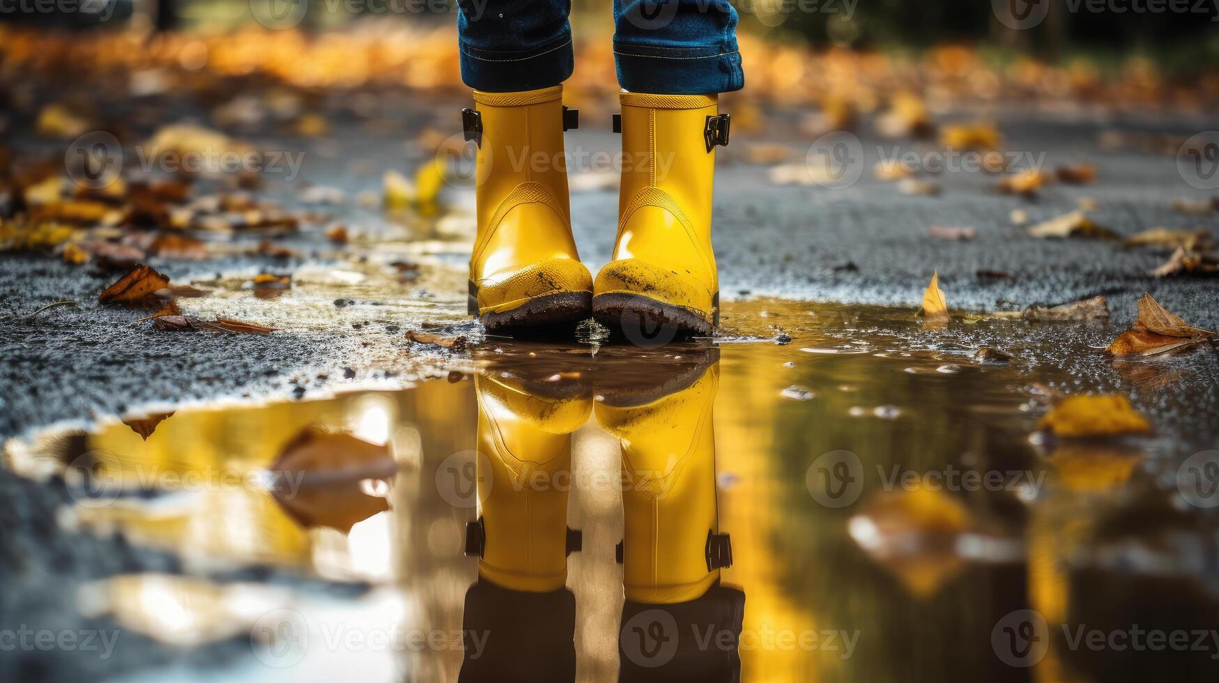 Children's feet in yellow rubber boots walk through a puddle. technology. photo