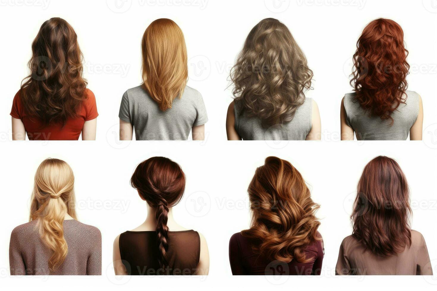 Women with different hairstyles on a white background. Generative AI technology. photo