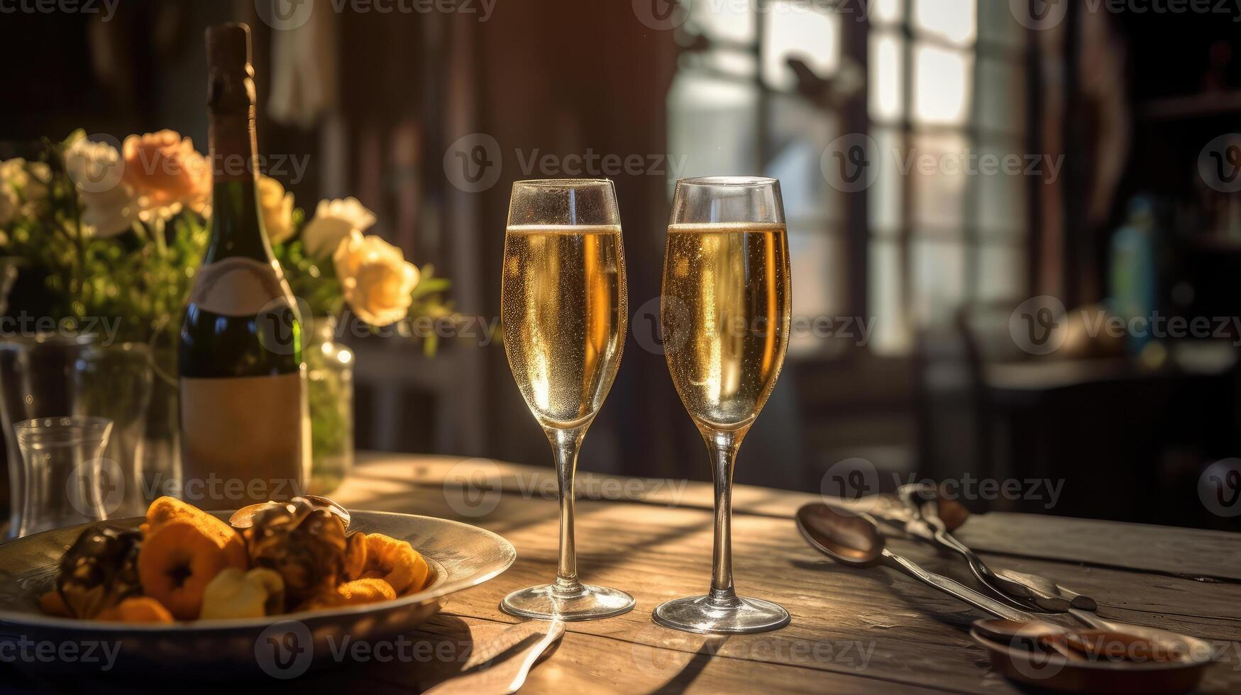 Romantic dinner with champagne. technology. photo