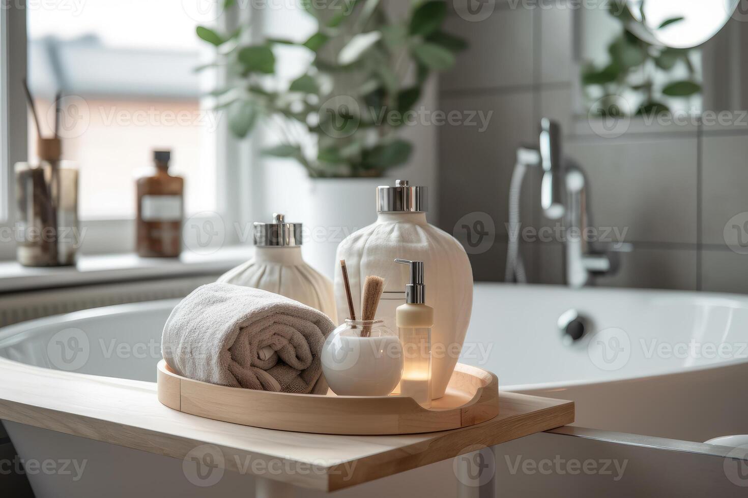 Towel and cosmetics in a bright bathroom. technology. photo