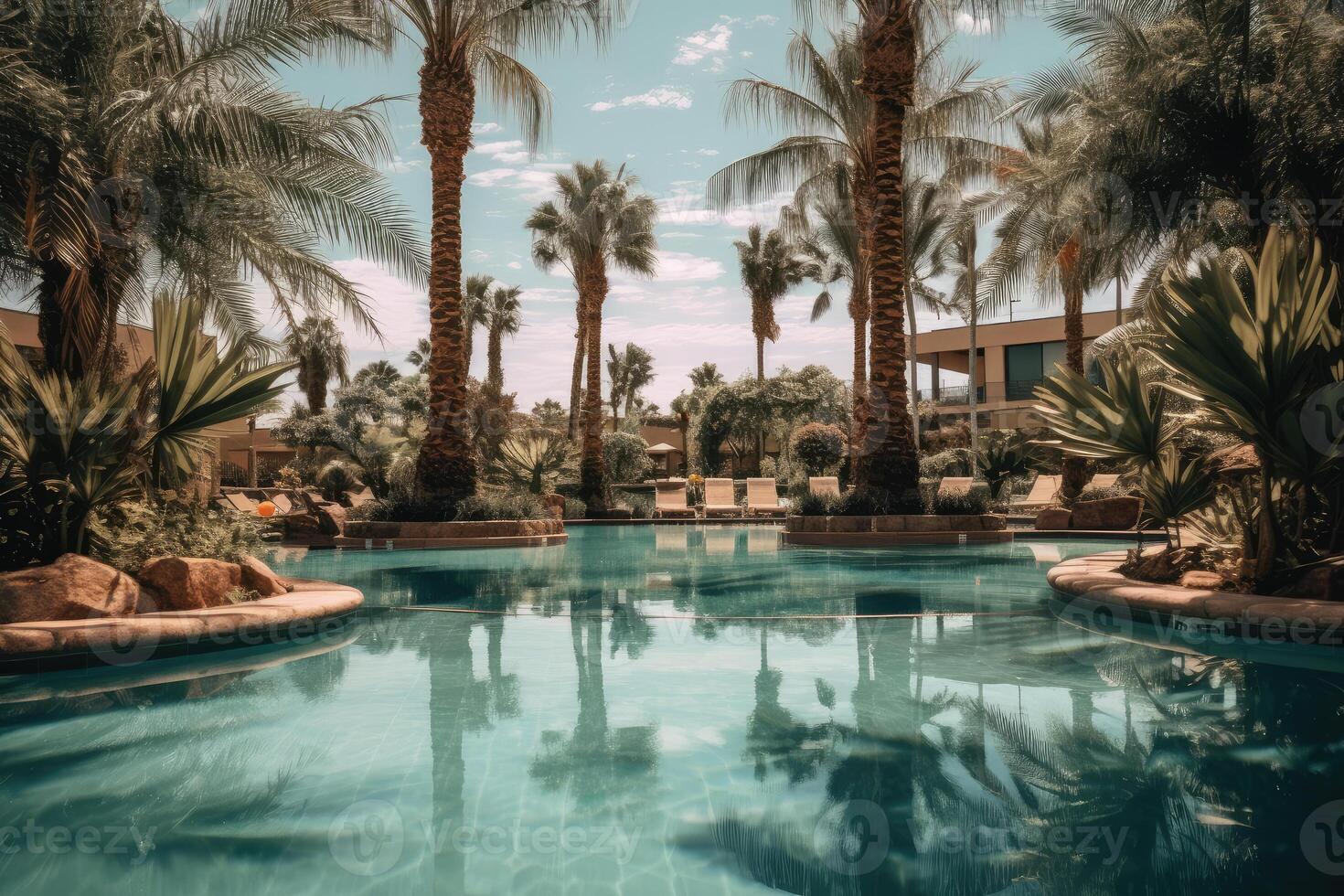 Hotel, swimming pool and palm trees. Rest. technology. photo