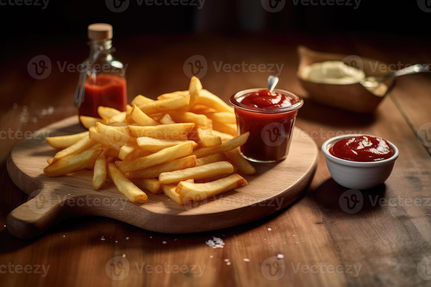 French fries and ketchup on a wooden table. technology. photo