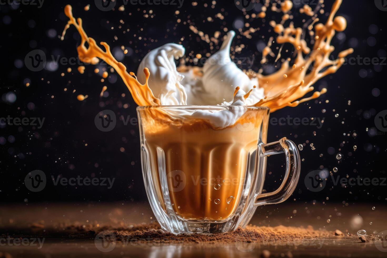 A cup of coffee with milk on a dark background. technology. photo