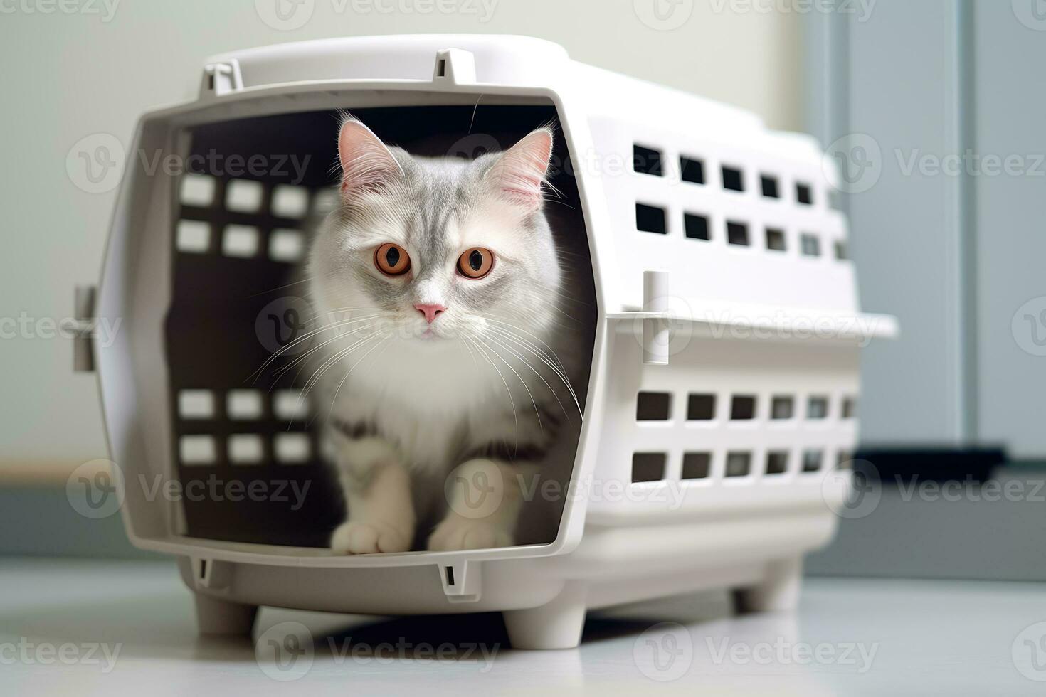 A pet cat in an animal carrier. Generative AI technology. photo