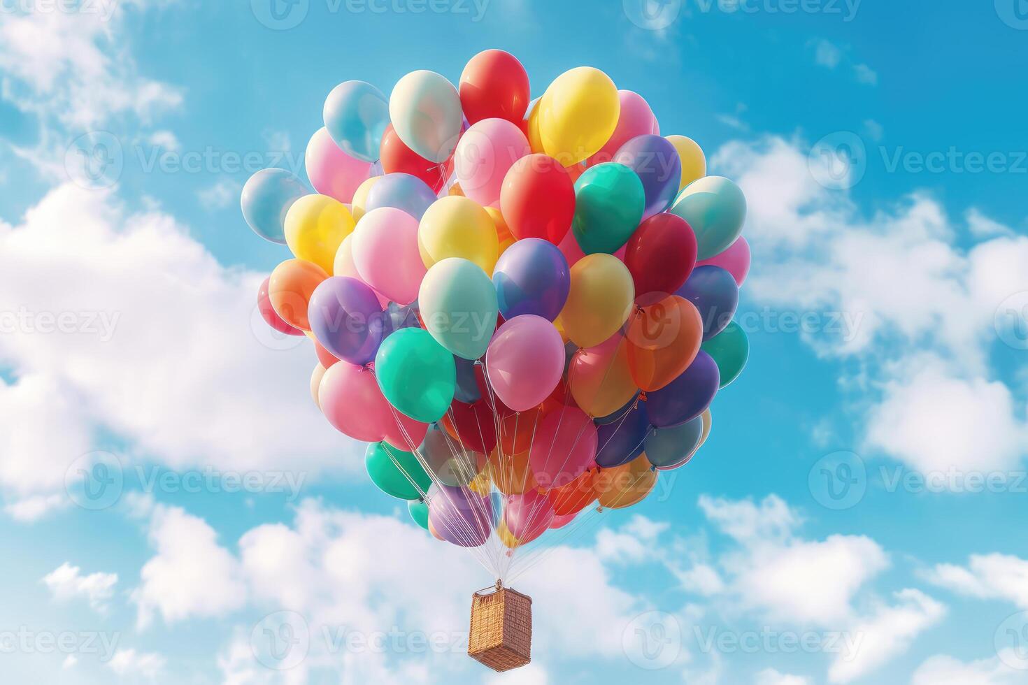 Colorful balloons in the sky. Generative AI technology. photo