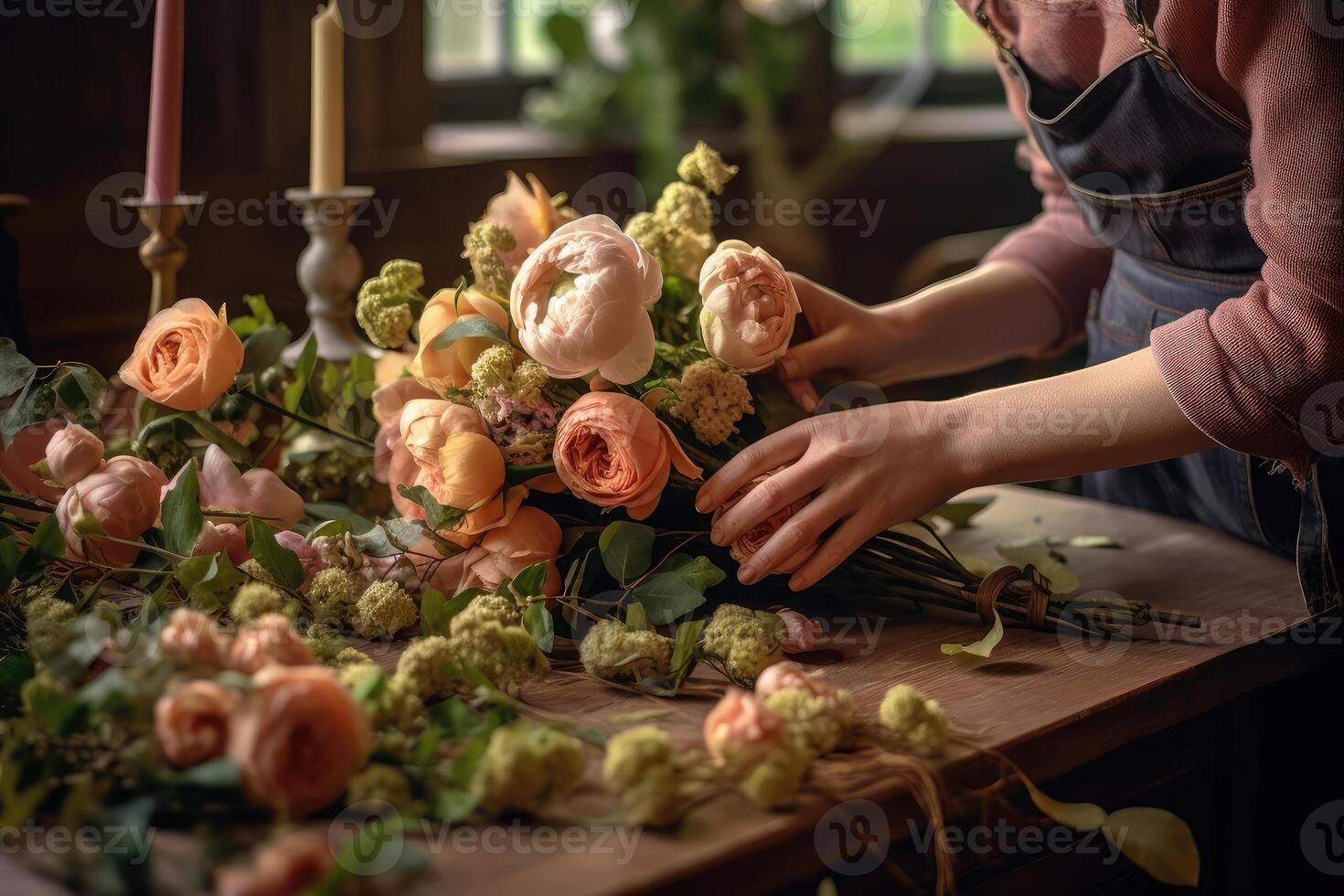 A woman collects a bouquet in a flower shop. technology. photo
