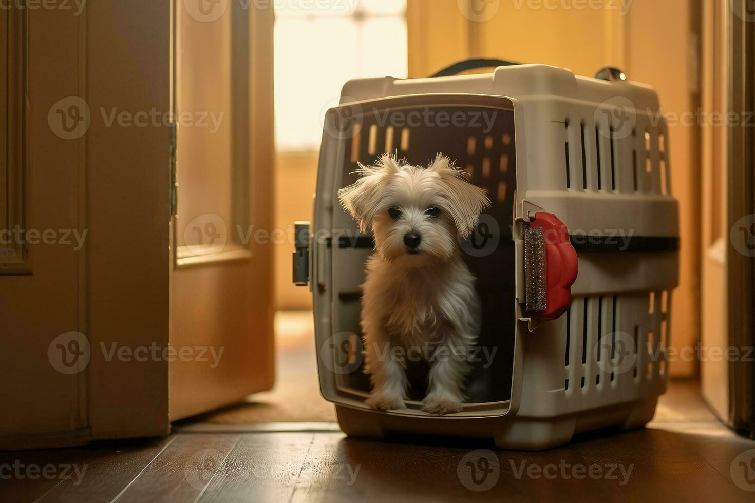 A pet dog in an animal carrier. Generative AI technology. photo