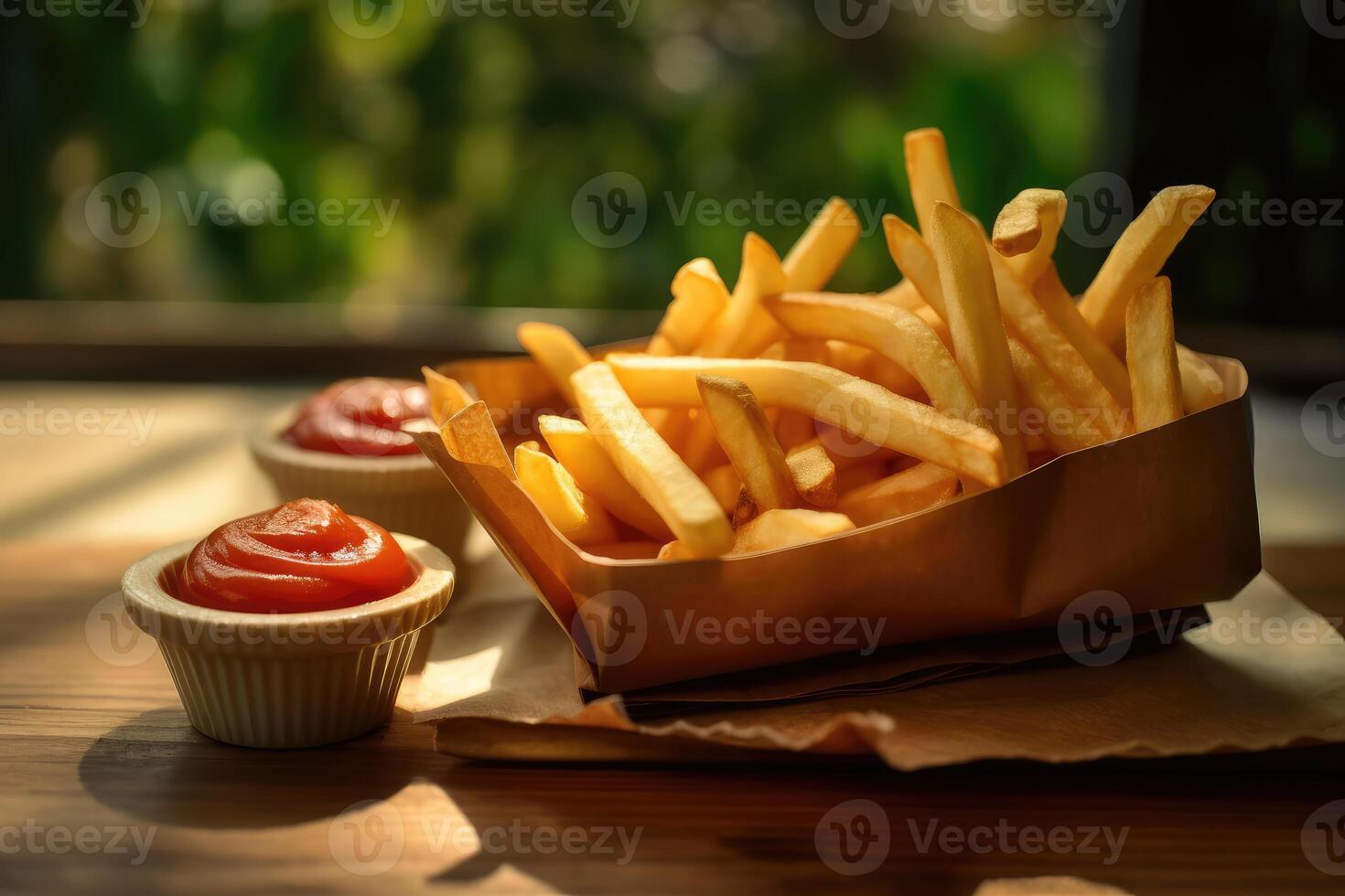 French fries and ketchup on a wooden table. technology. photo