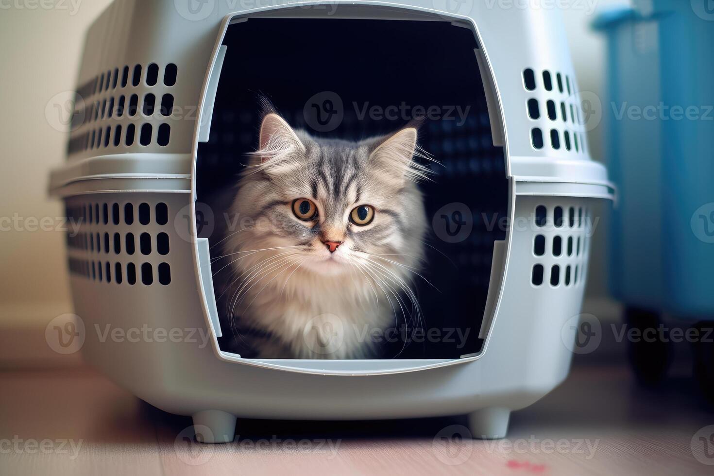 A pet cat in an animal carrier. Generative AI technology. photo