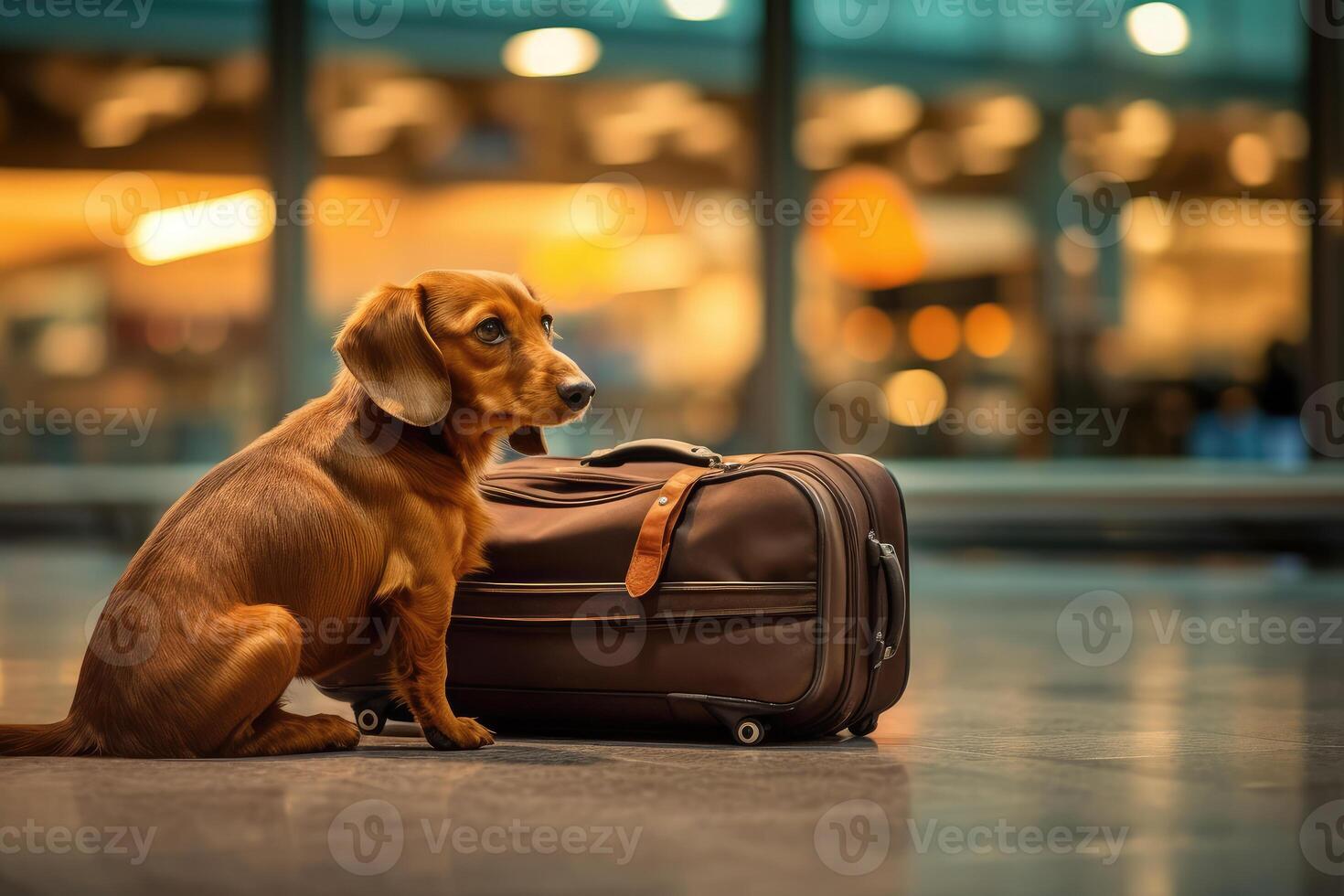 A pet near the luggage. The dog is going on a trip. technology. photo