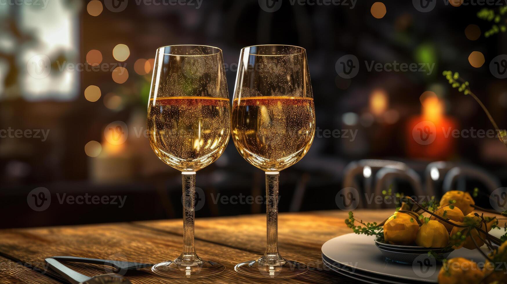 Romantic dinner with champagne. technology. photo