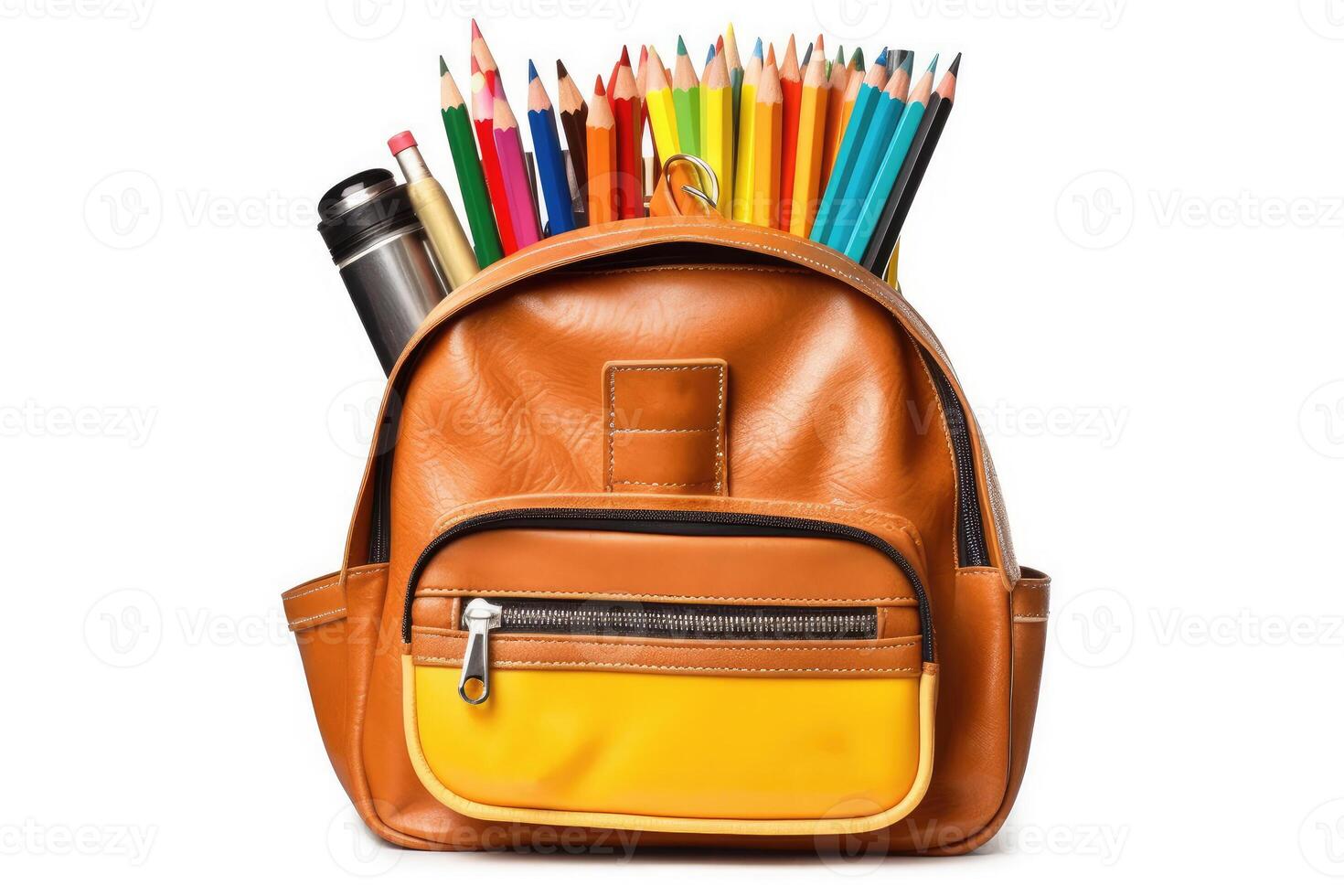 Colored pencils in backpack on a white background, isolated. Generative AI technology. photo