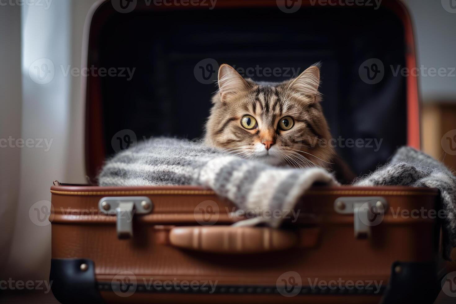 The cat is sitting in a suitcase for traveling. technology. photo