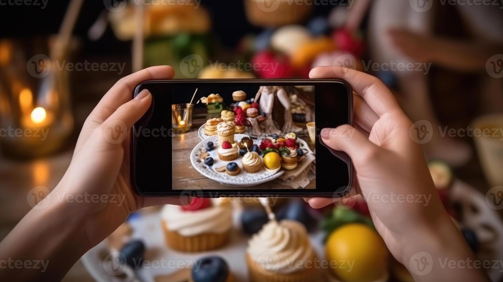 A woman photographs a healthy breakfast for a blog. technology. photo