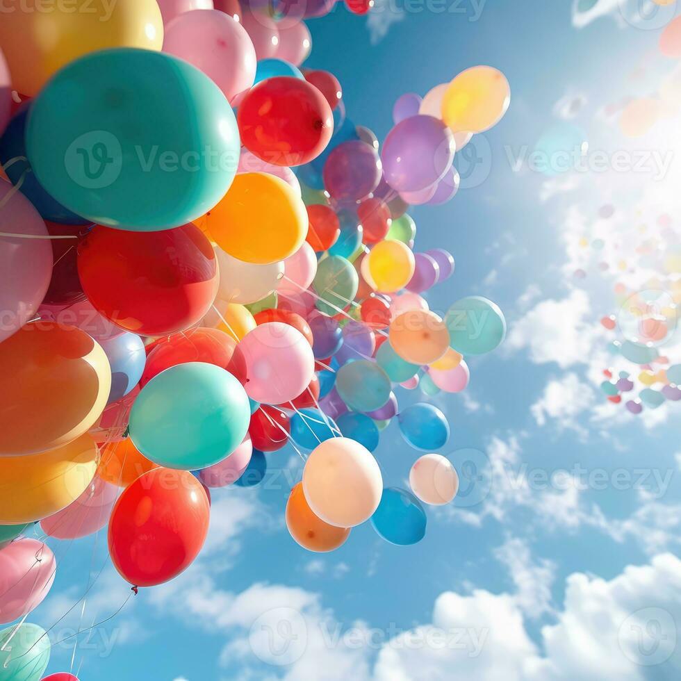 Colorful balloons in the sky. Generative AI technology. photo