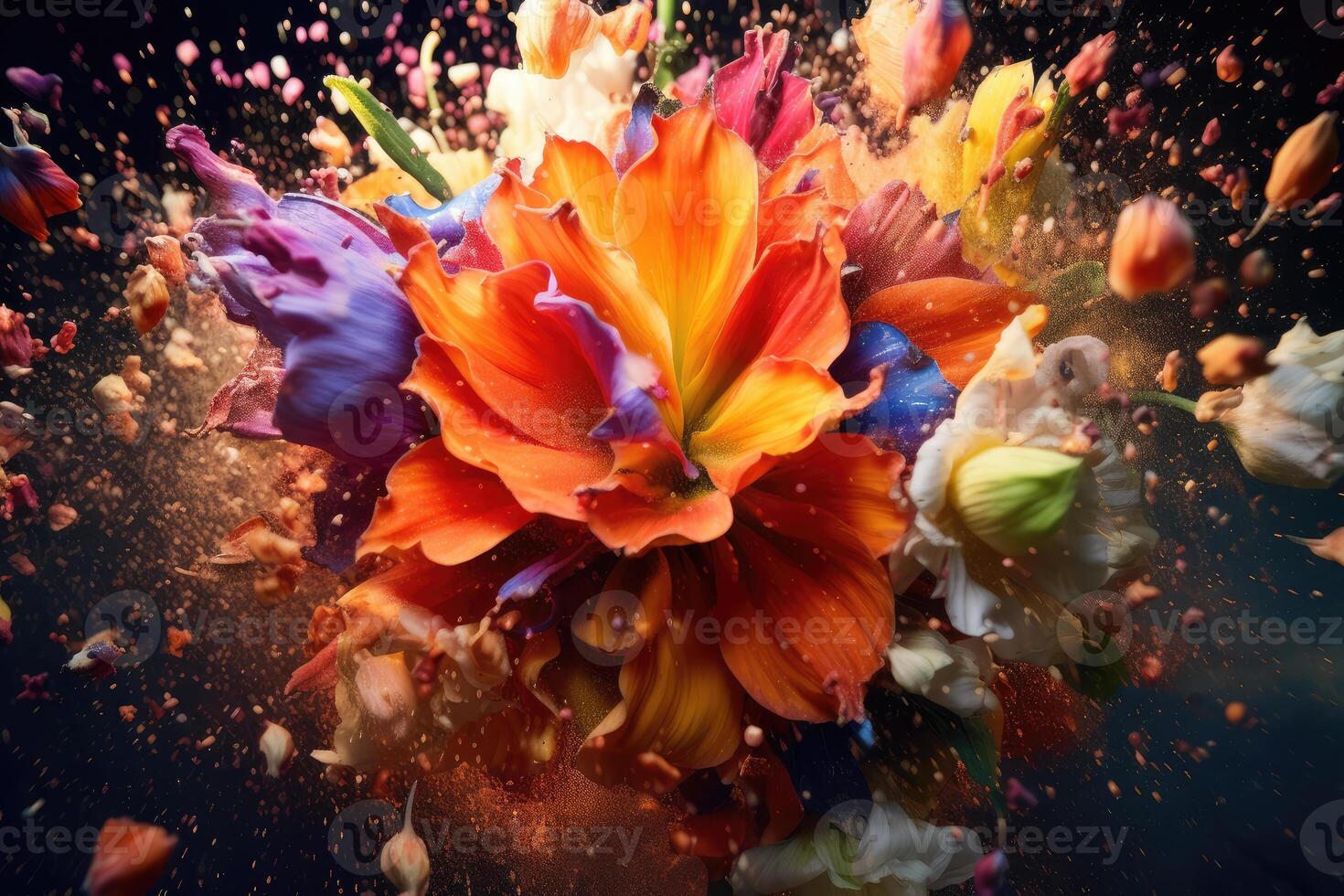 Abstract multicolored flowers. Generative AI technology. photo