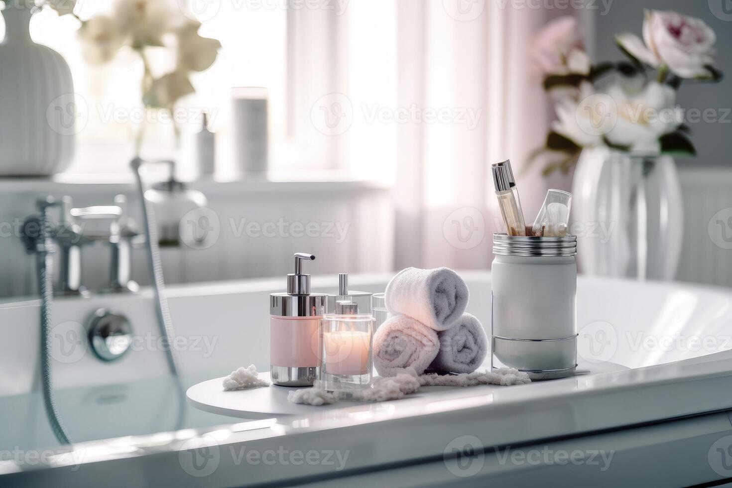 Towel and cosmetics in a bright bathroom. technology. photo
