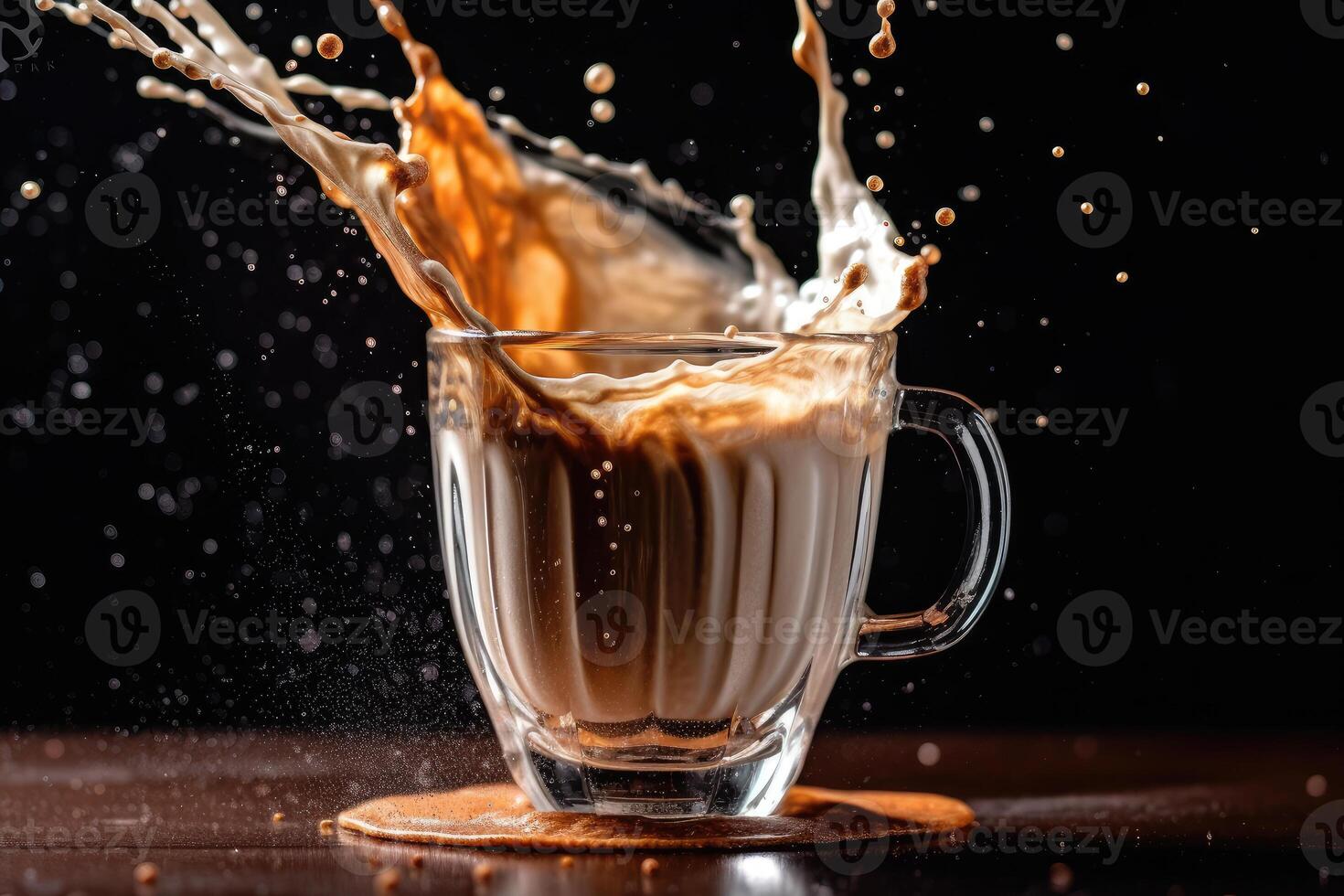 A cup of coffee with milk on a dark background. technology. photo