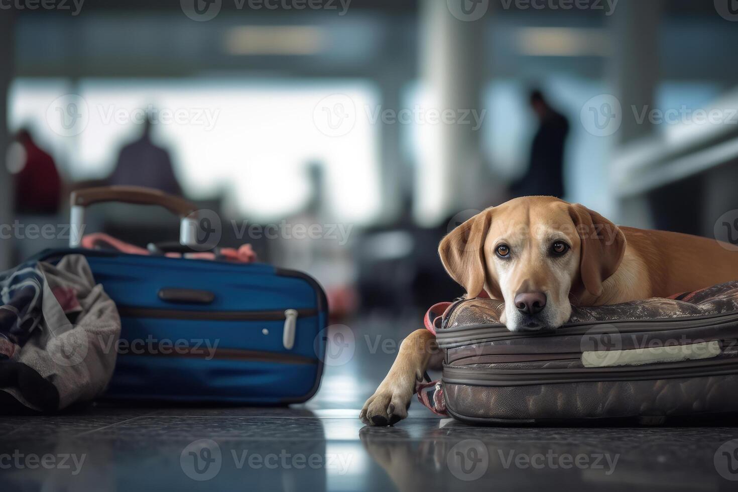 A pet near the luggage. The dog is going on a trip. technology. photo