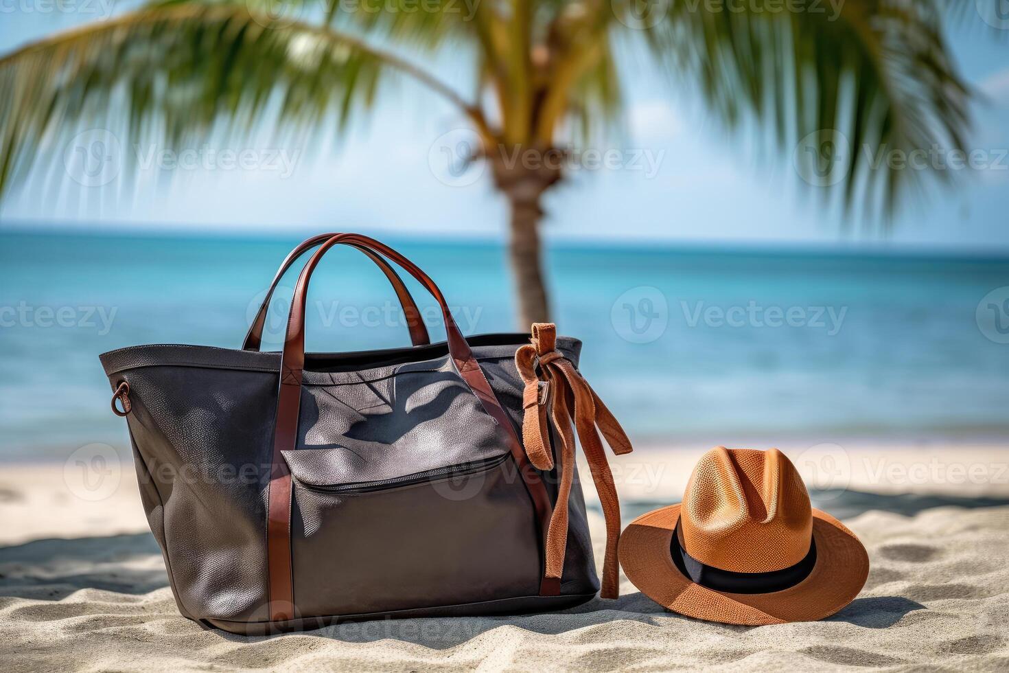 Beach bag, sun hat on the beach. Aromatherapy. technology. photo