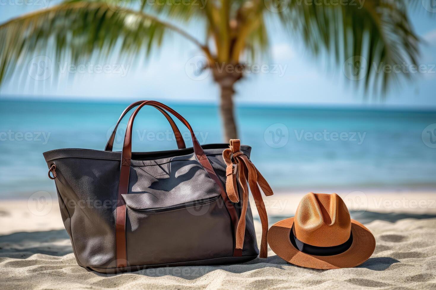 Beach bag, sun hat on the beach. Aromatherapy. Generative AI technology. photo