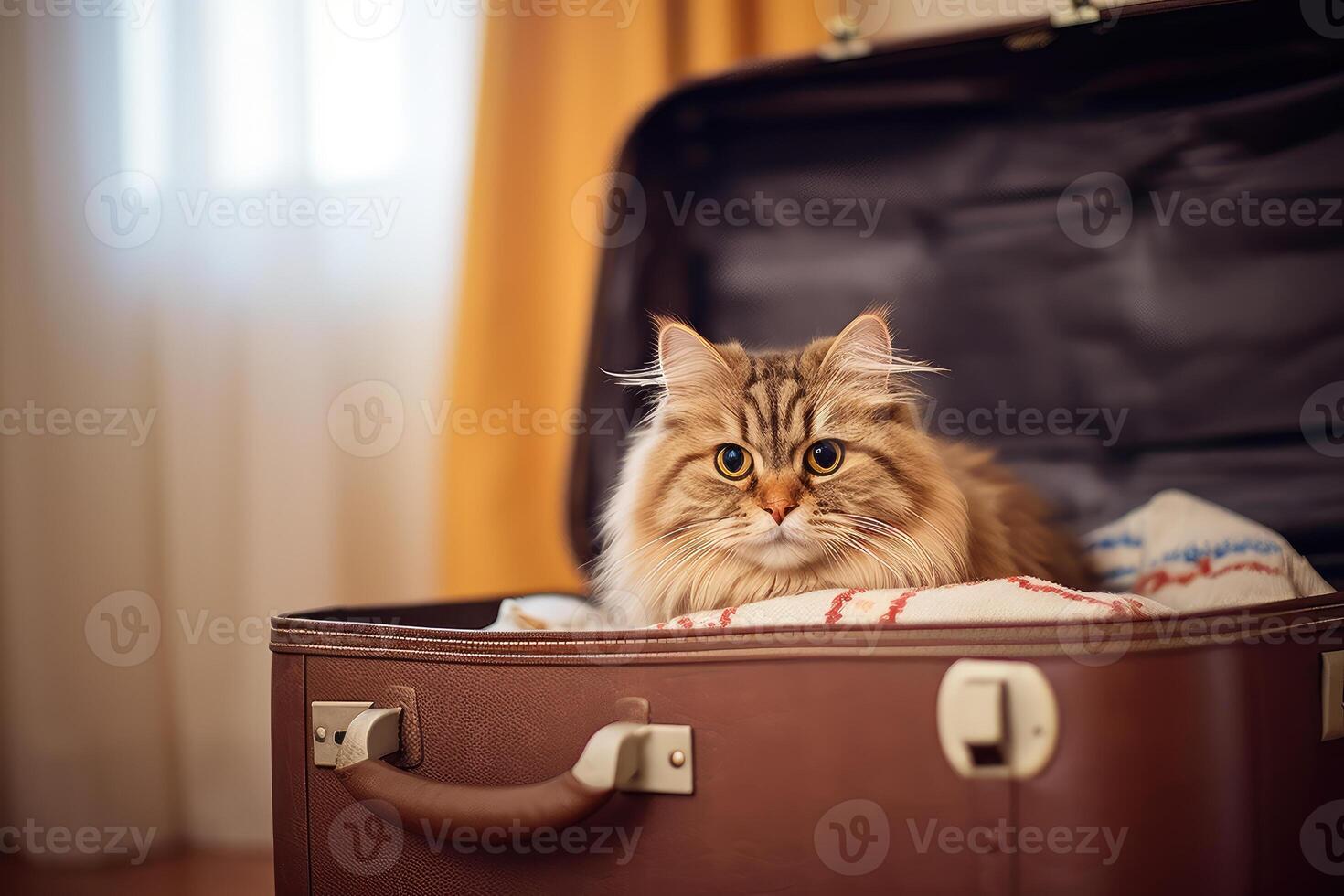 The cat is sitting in a suitcase for traveling. technology. photo