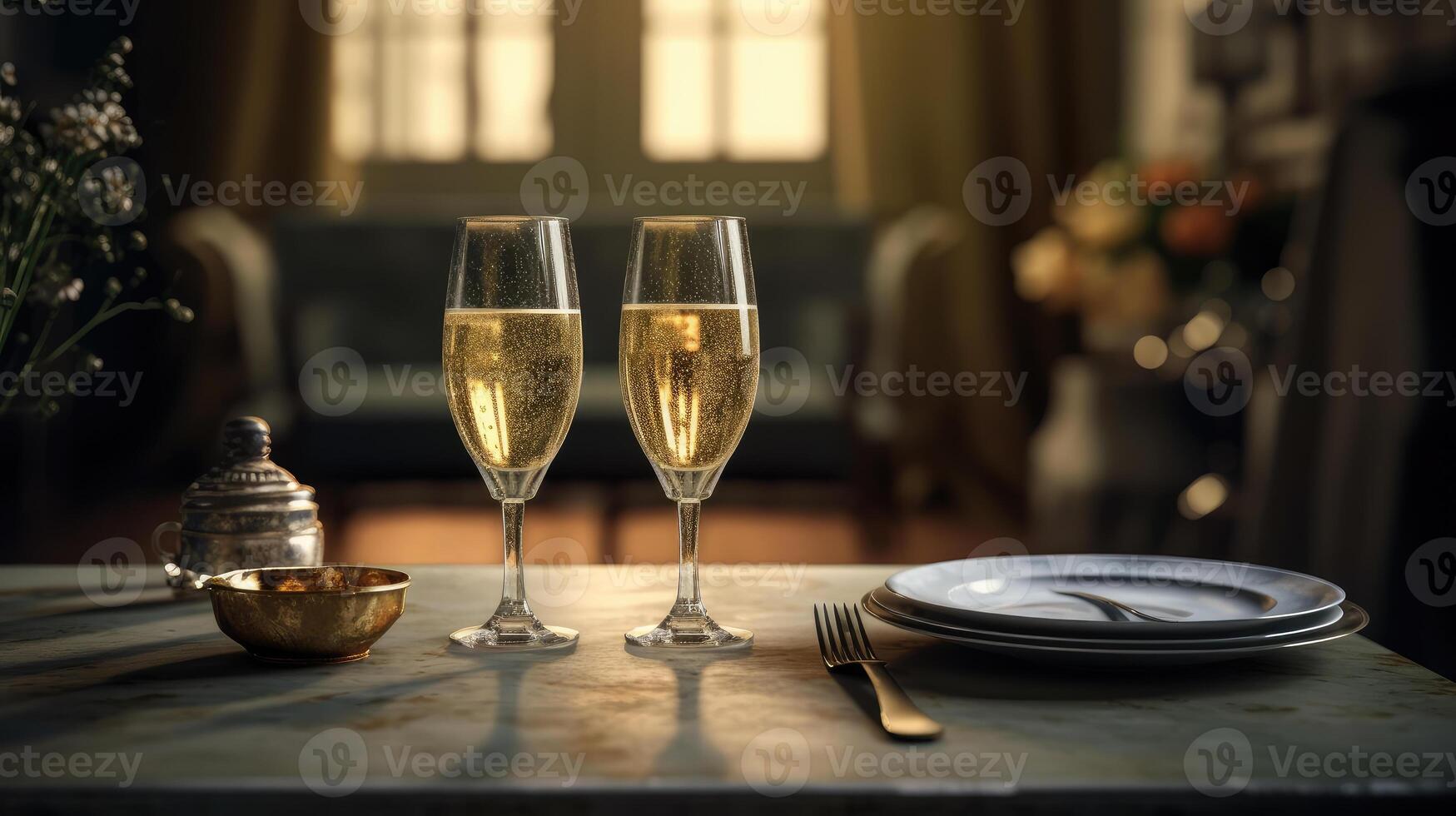 Romantic dinner with champagne. technology. photo