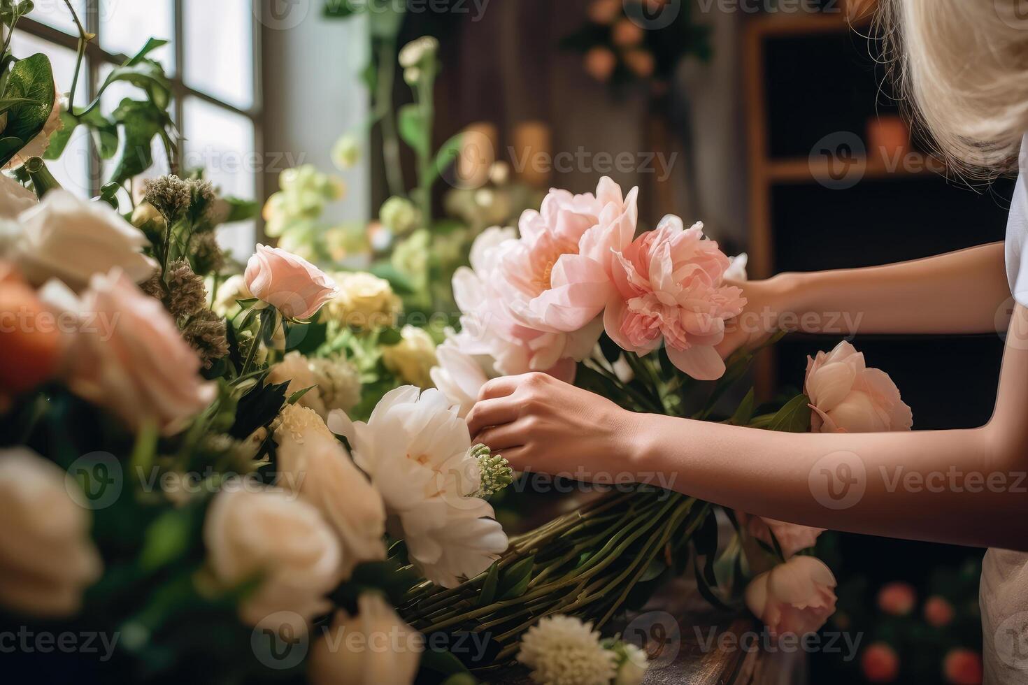 A woman collects a bouquet in a flower shop. technology. photo