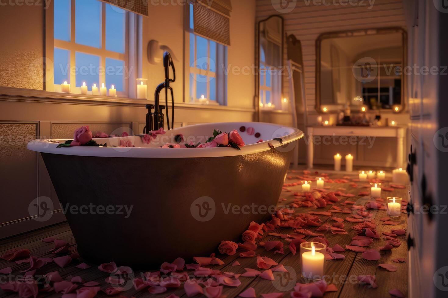 Rose petals in the bathroom. Romance. technology. photo
