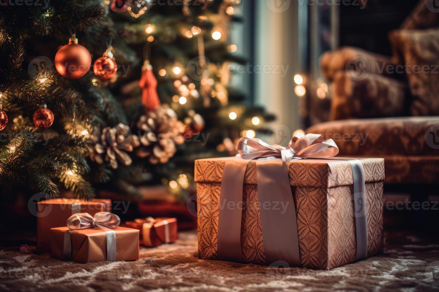 A gift box under the Christmas tree. technology. photo