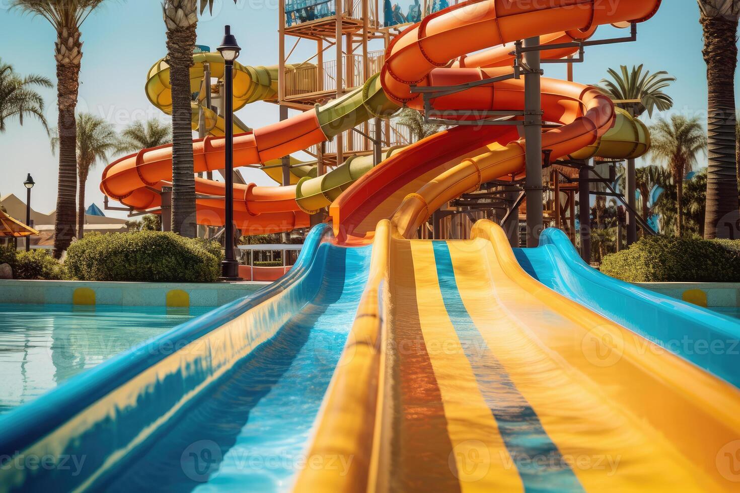 Water slides in the water park. Generative AI technology. photo