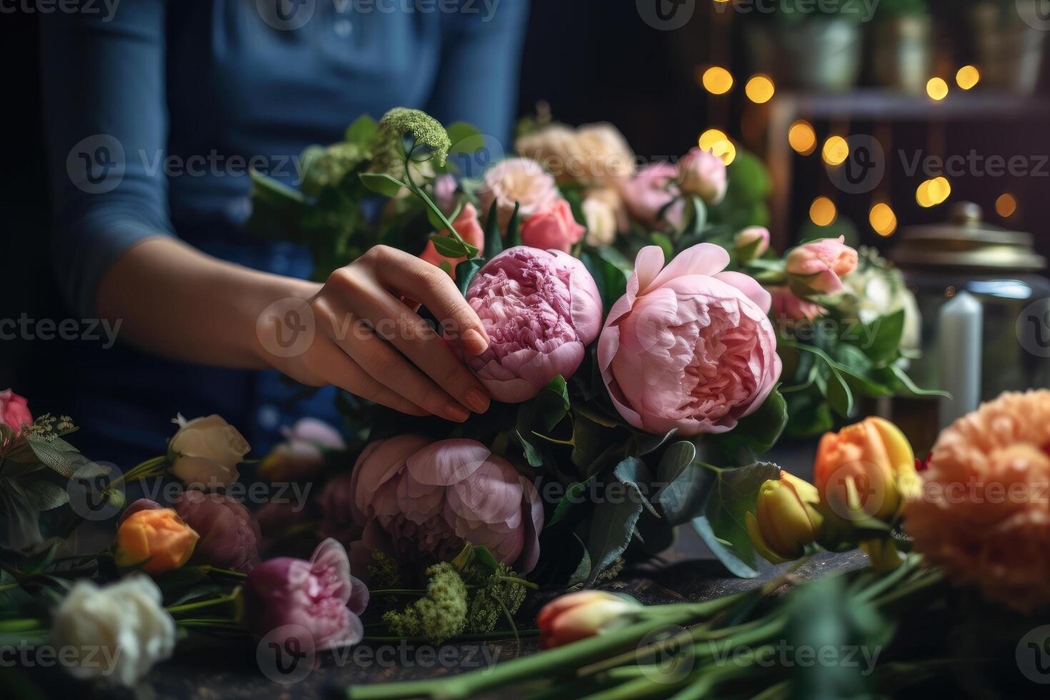 A woman collects a bouquet in a flower shop. technology. photo