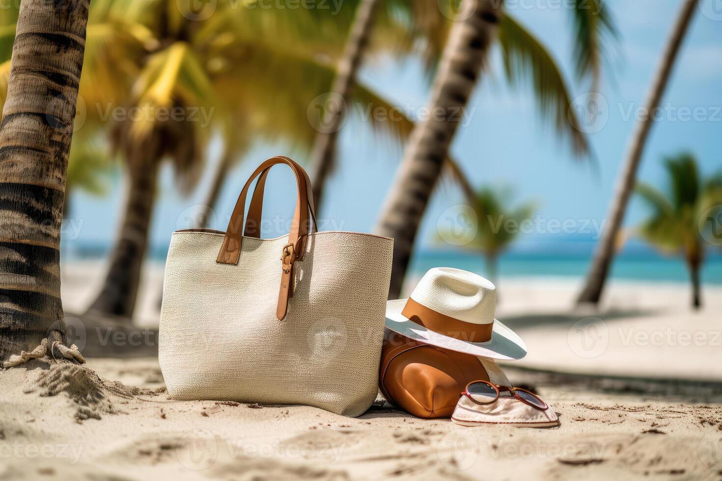 Beach bag, sun hat, sunglasses on the beach. Aromatherapy. technology. photo