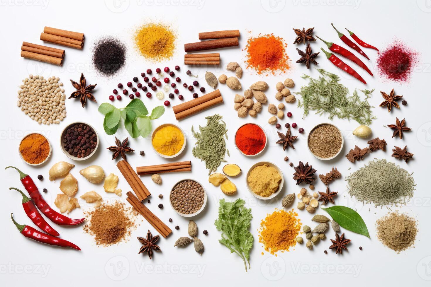 Various spices on a white background. technology. photo