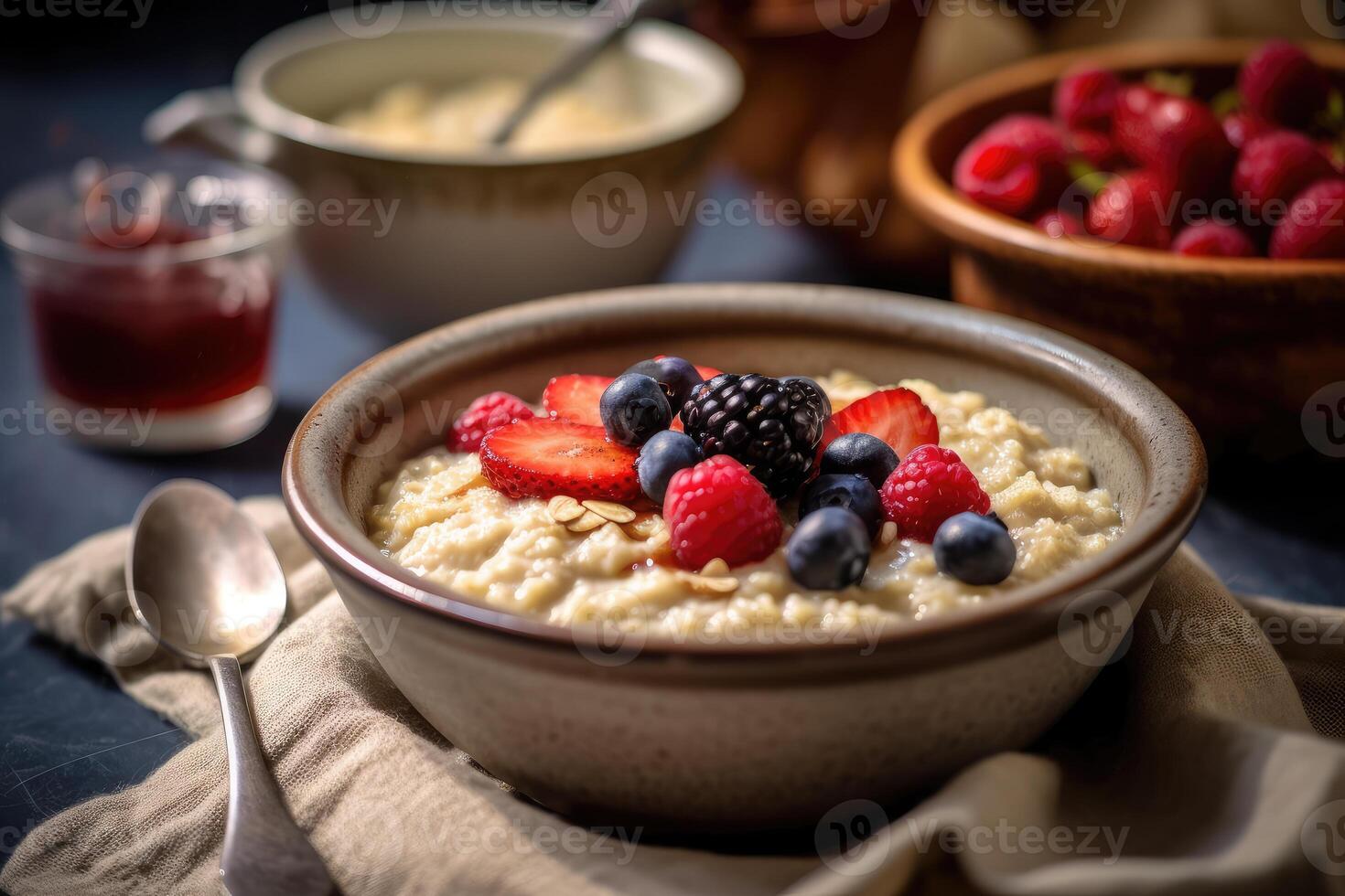 Oatmeal porridge on the table. Breakfast. Generative AI technology. photo