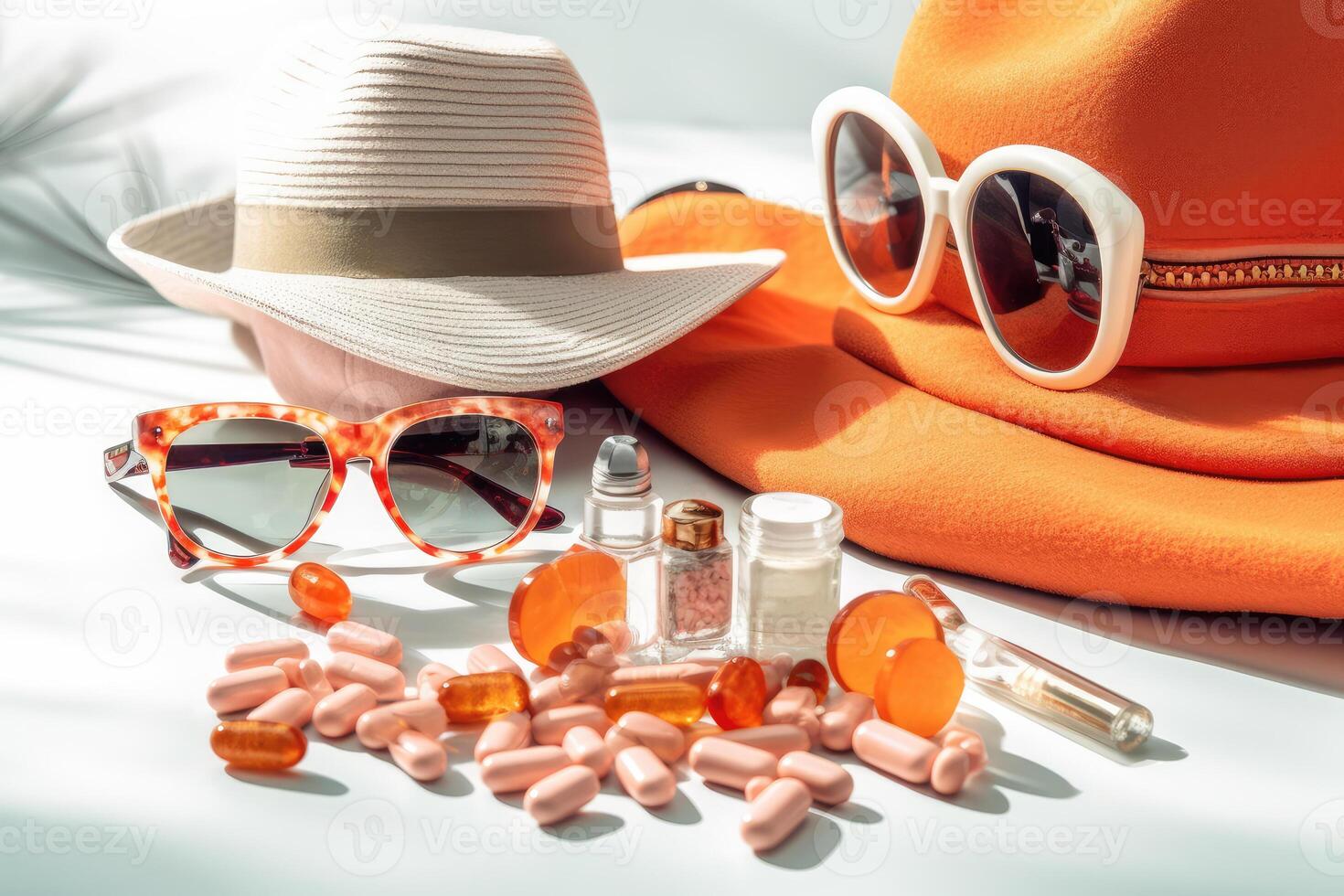 Summer women's beach accessories for your sea holiday and pill on white background. Concept of medication required in journey. technology. photo