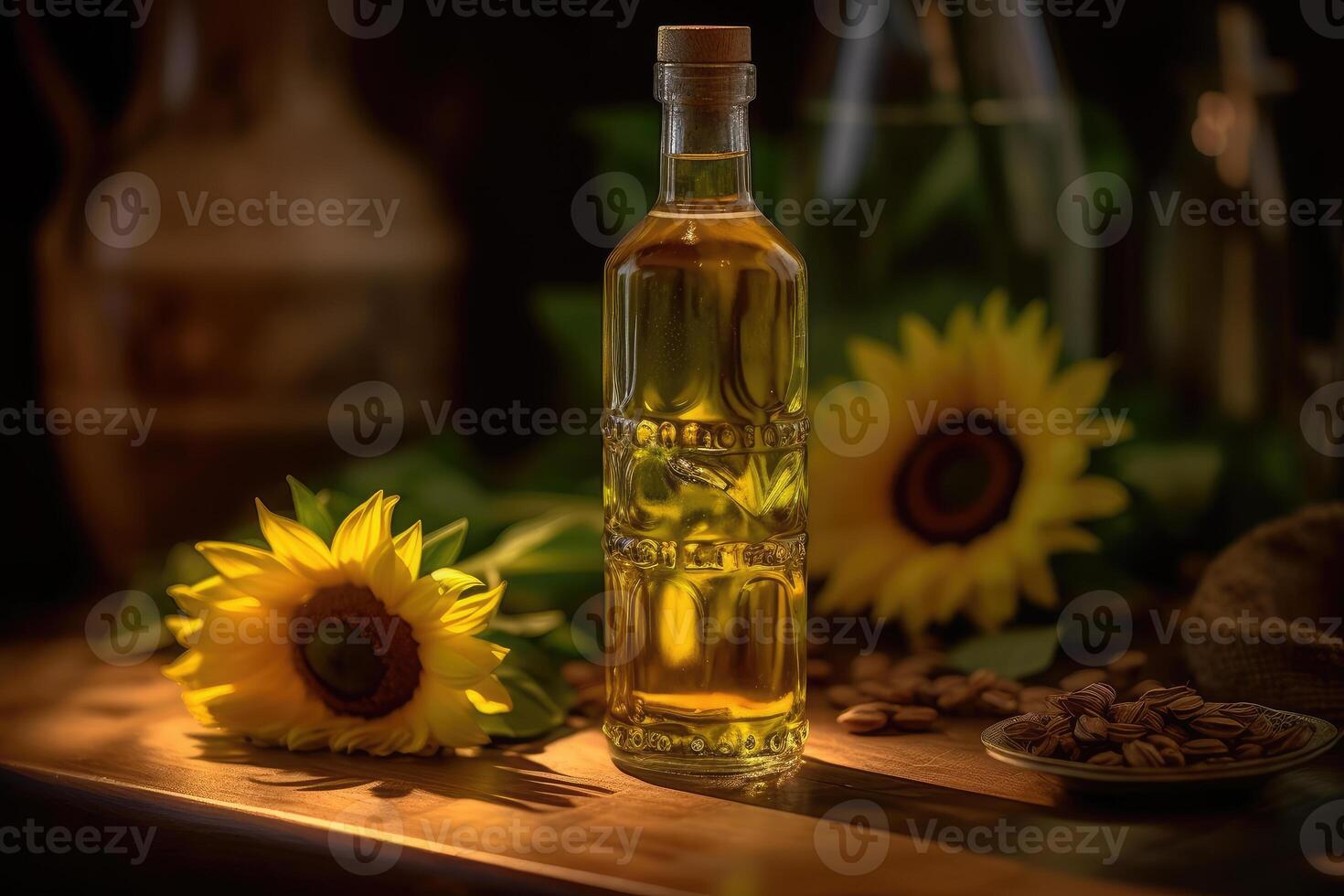 Sunflower oil on a wooden table. technology. photo