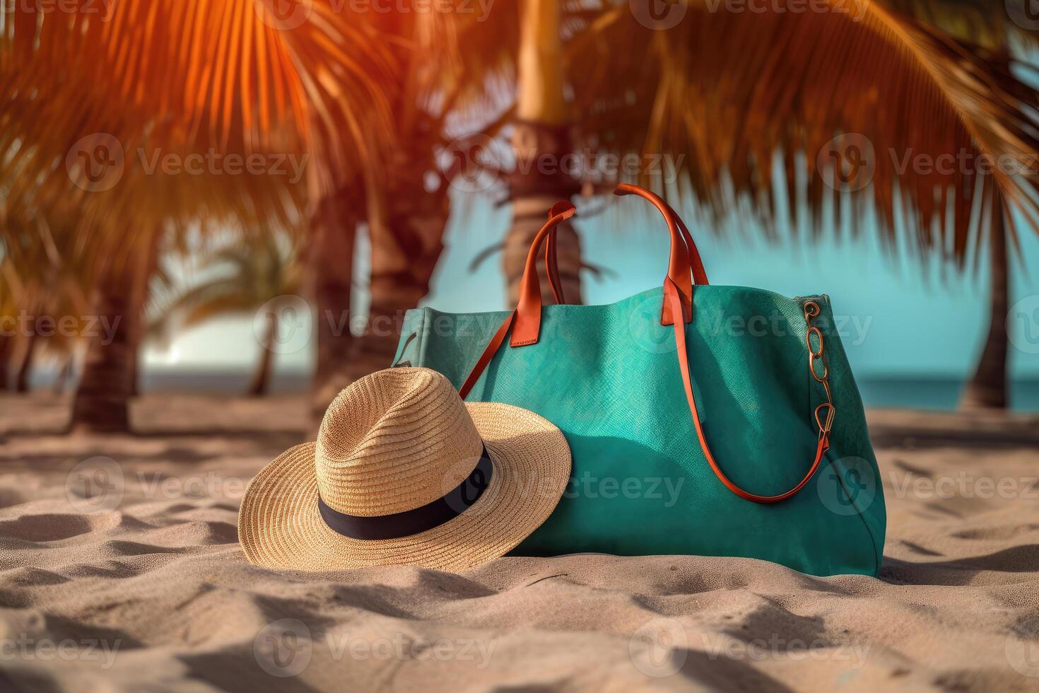 Beach bag, sun hat, sunglasses on the beach. Aromatherapy. technology. photo