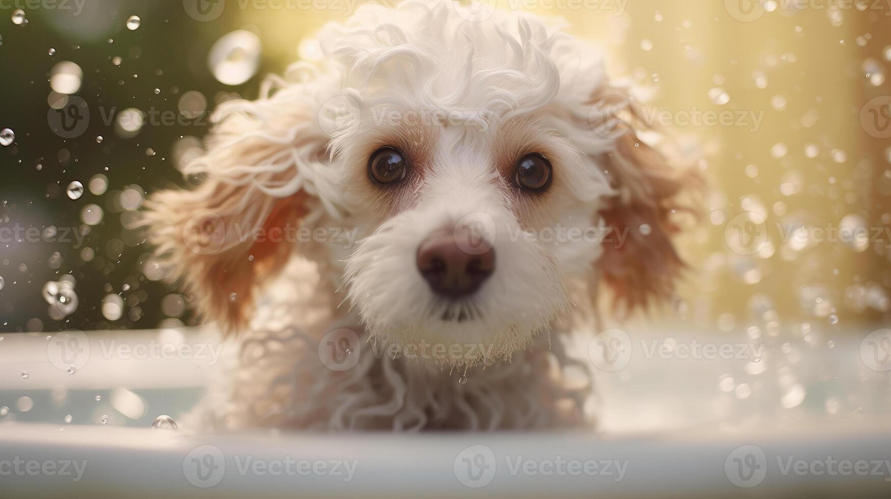 The dog is bathing in the bathroom. technology. photo