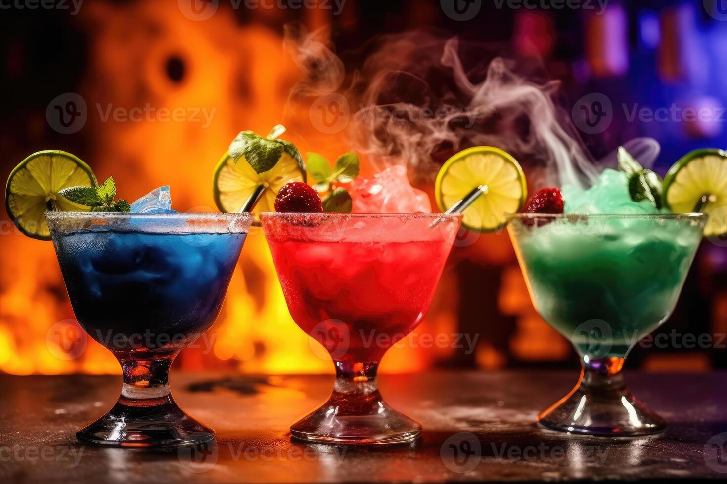 Colorful cocktails on the bar counter. technology. photo